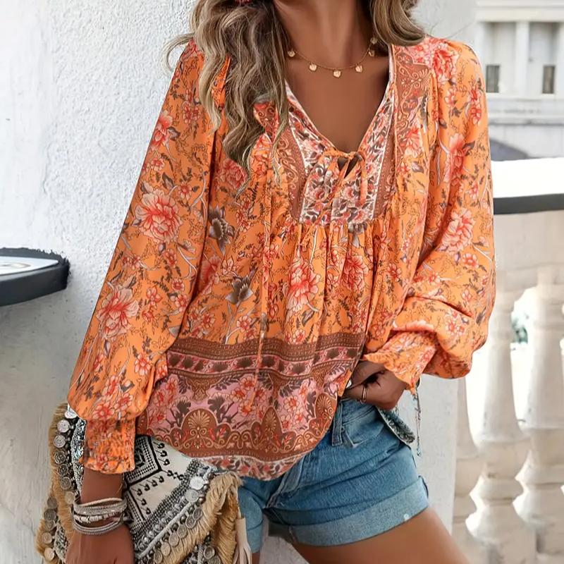 Блузка с цветочным принтом и V-образным вырезом, повседневная блузка с цветочным принтом и V-образным вырезом, с длинным рукавом и завязками на весну и осень - женская одежда XXL оранжевый
Блузка с цветочным принтом и V-образным вырезом, повседневная блузка с цветочным принтом и V-образным вырезом, с длинным рукавом и завязками на весну и осень - женская одежда XXL оранжевый