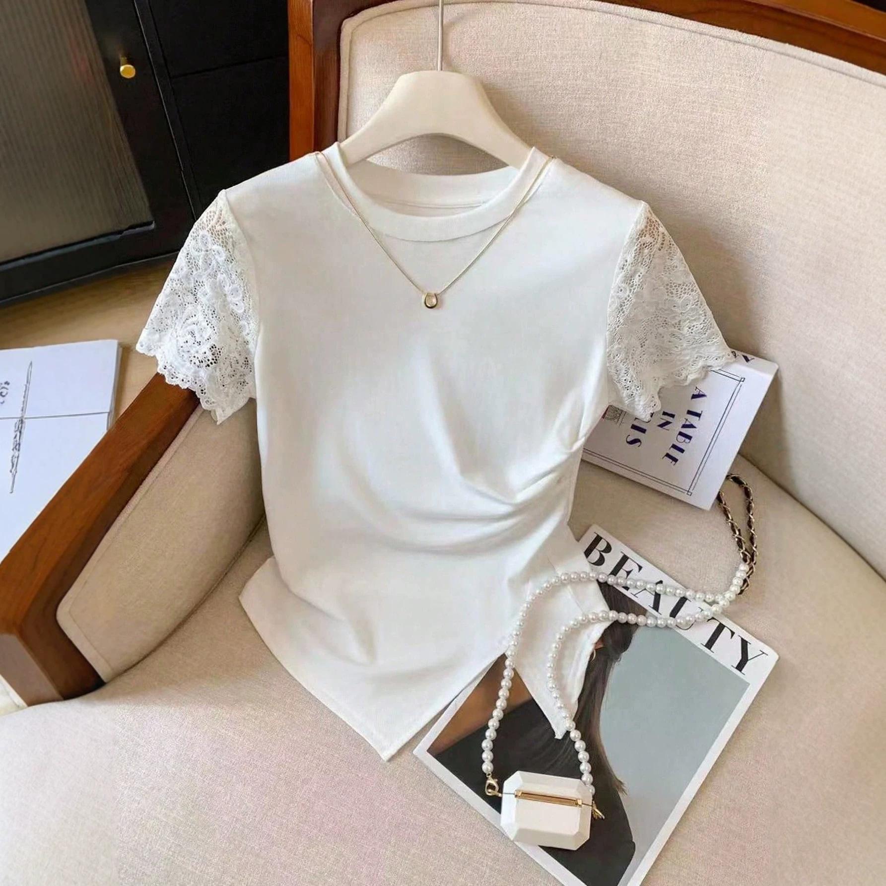women s Lace Sleeve Ruched T-Shirt Round Neck Slim Fit Solid Color Summer Casual Tee XL білий
women s Lace Sleeve Ruched T-Shirt Round Neck Slim Fit Solid Color Summer Casual Tee XL білий