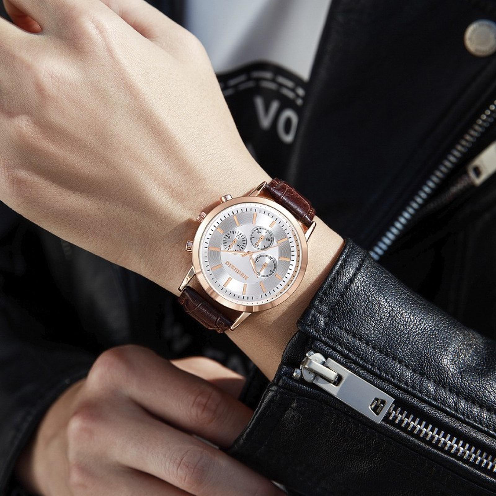 Мужские кожаные деловые модные часы с ремешком для подарков One Size коричневый
Мужские кожаные деловые модные часы с ремешком для подарков One Size коричневый