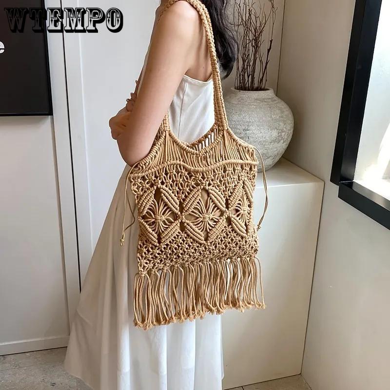 WTEMPO Straw-woven Bag Retro Hollowed-out Hand-woven Single-shoulder Cotton Thread Crossbody Bag Casual Vacation Bucket Beach Bag 1pc
WTEMPO Straw-woven Bag Retro Hollowed-out Hand-woven Single-shoulder Cotton Thread Crossbody Bag Casual Vacation Bucket Beach Bag 1pc