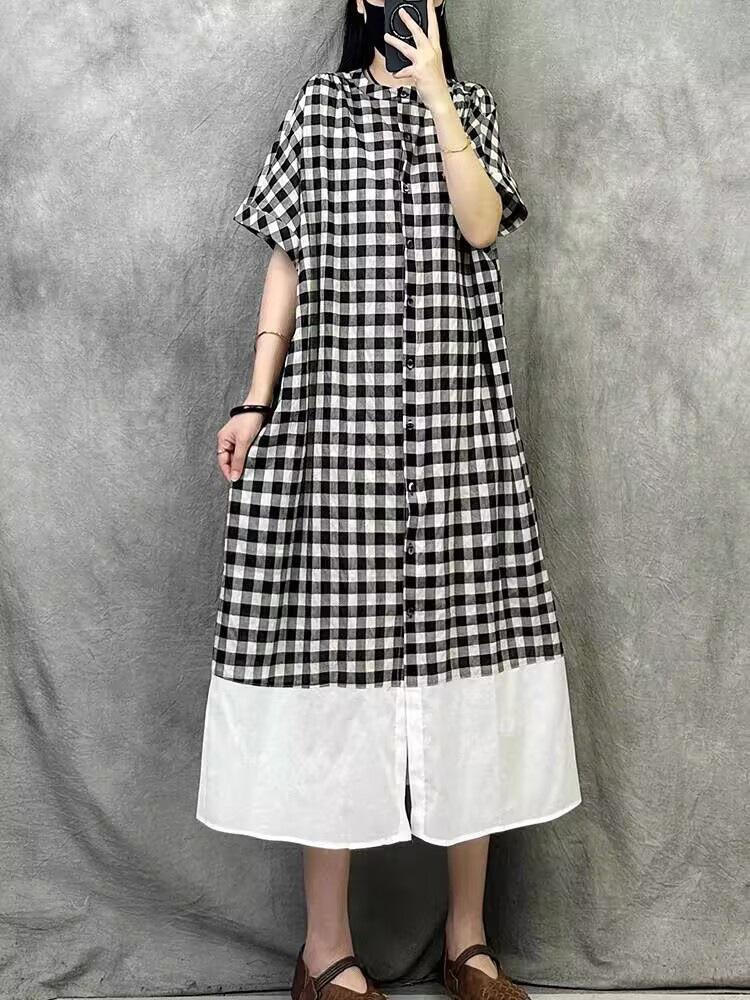 Клетчатое платье с круглым вырезом, комбинированное, из хлопка и льна, женское летнее новое повседневное платье-рубашка свободного кроя с короткими рукавами 2XL
Клетчатое платье с круглым вырезом, комбинированное, из хлопка и льна, женское летнее новое повседневное платье-рубашка свободного кроя с короткими рукавами 2XL