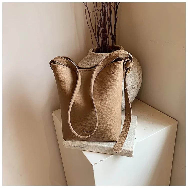 Многофункциональная женская сумка-ведро из цельного ПУ материала через плечо, модная простая сумка через плечо, милая женская сумочка хаки