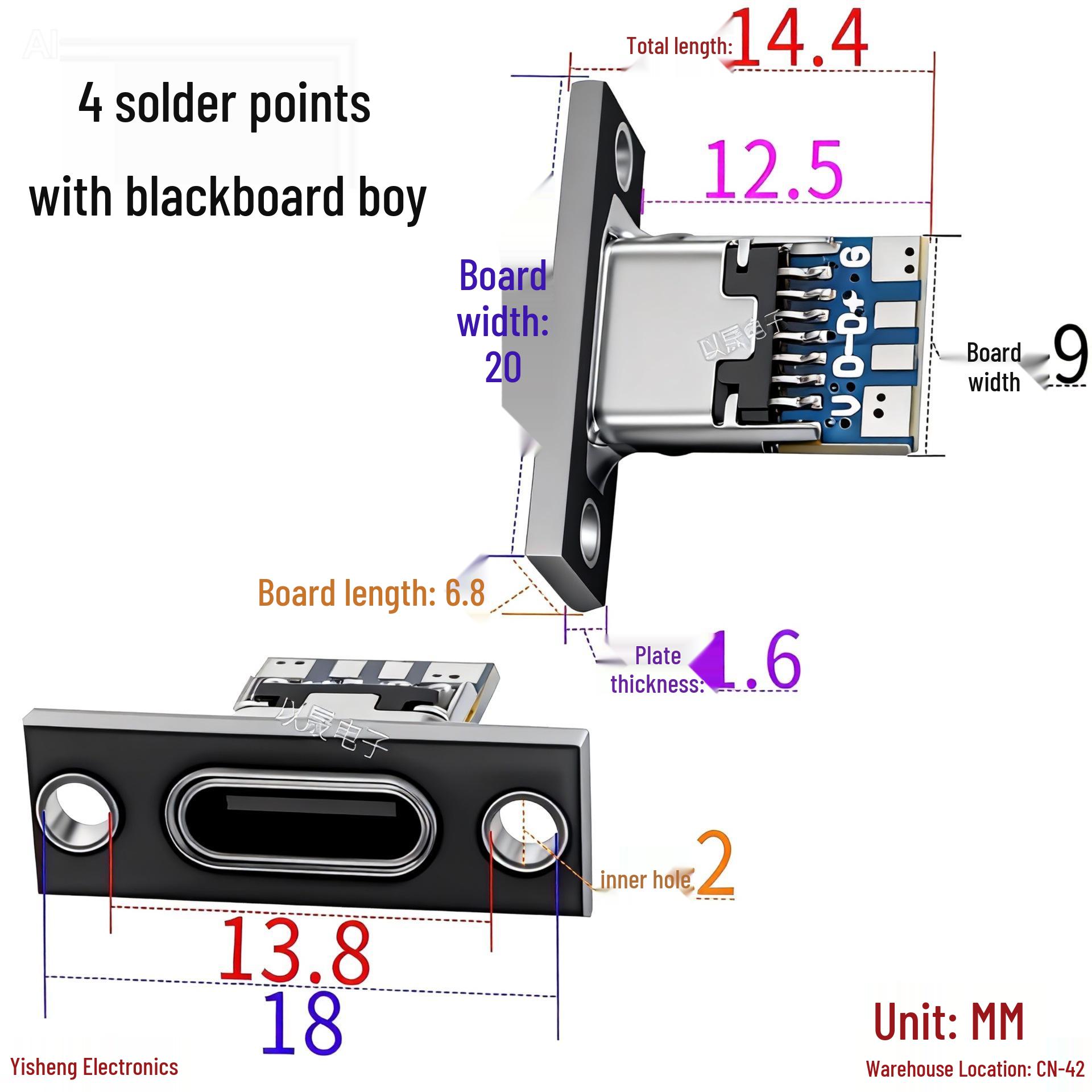 USB-C Female Socket 4-Pin Black Connector for DIY Charging Cable Modifications.
USB-C Female Socket 4-Pin Black Connector for DIY Charging Cable Modifications.