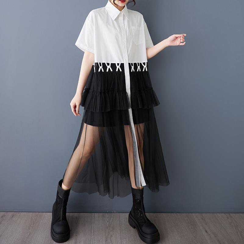 Dimanaf 2025 Платье размера плюс женское летнее винтажное длинное платье-рубашка с кружевом в сплайсе повседневное свободное платье макси One Size белый