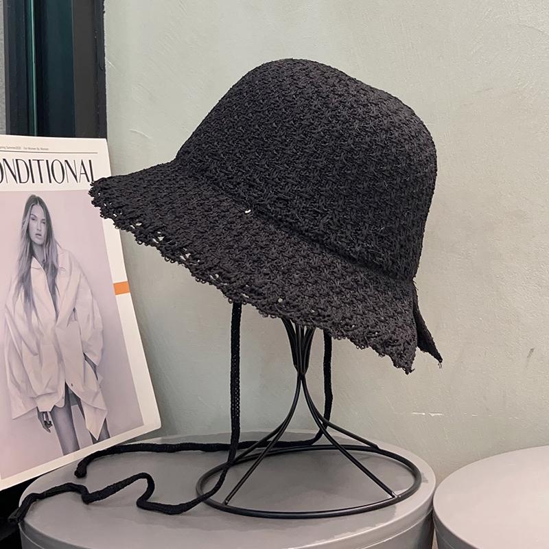 Кружевная пляжная шляпа от солнца для детей, летняя, маленькая, свежая, защита от солнца, шляпа-ведро, подчеркивающая лицо, маленькая, на шнуровке, с разрезом, новая шляпа-котелок Adult Adjustable 55-58 чёрный