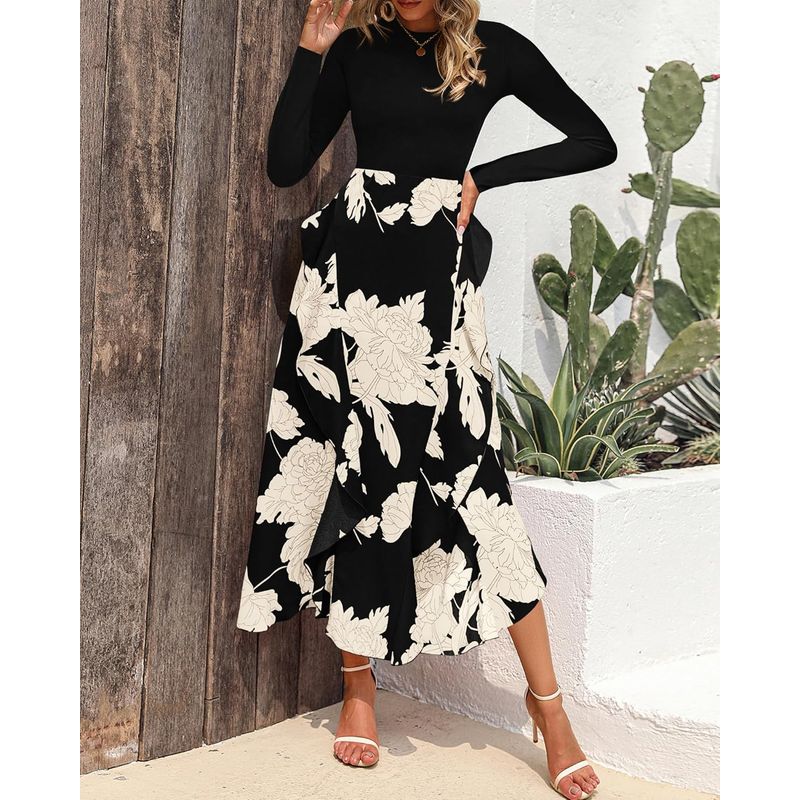 Spring & Fall New Arrival Fashion Style round Neck Silm Black Panel Big Flower Lotus Middle Edge Long Sleeves Dress Long Dress Underdress White L
Spring & Fall New Arrival Fashion Style round Neck Silm Black Panel Big Flower Lotus Middle Edge Long Sleeves Dress Long Dress Underdress White L