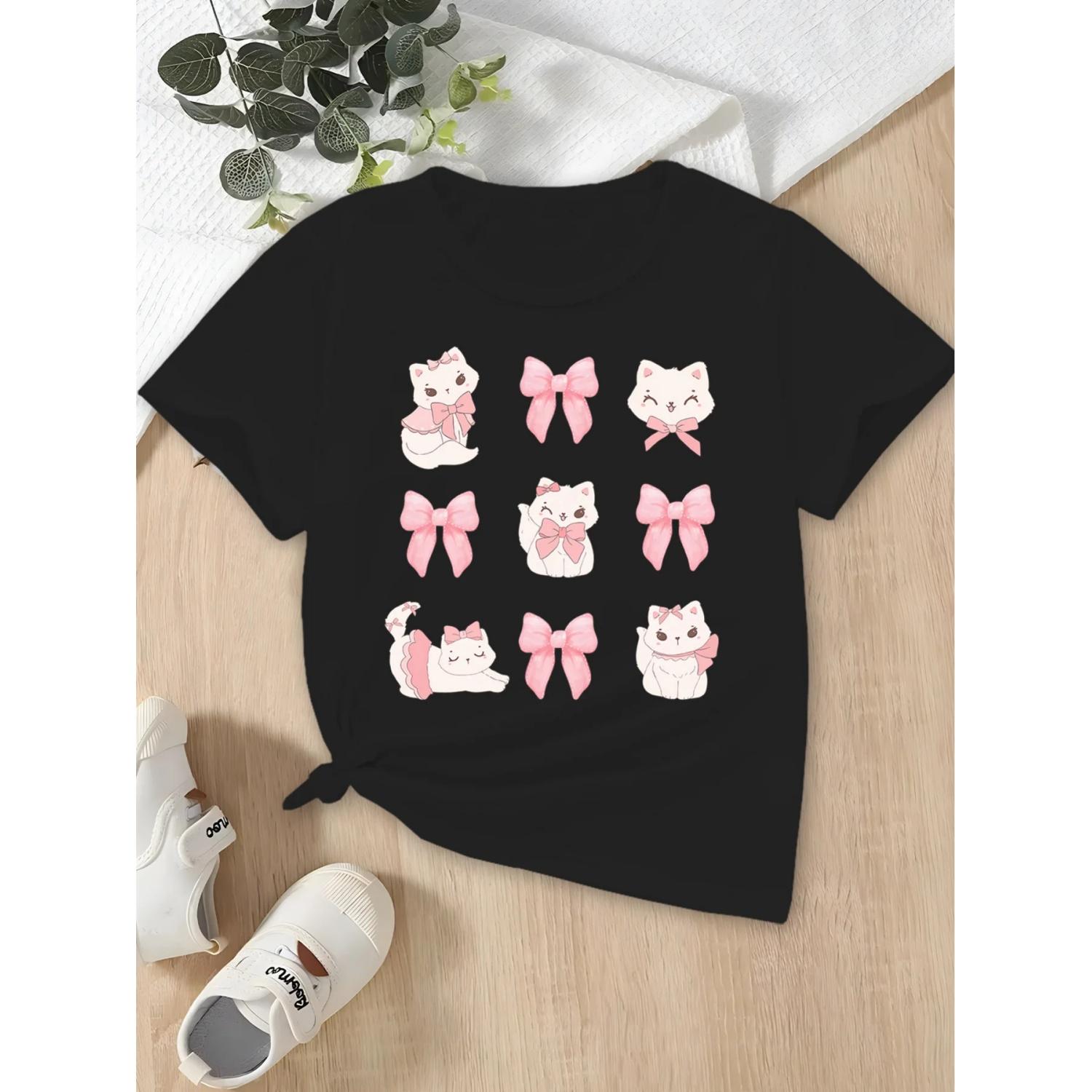 Pink bow and white cat print short-sleeved T-shirt Casual and versatile style Suitable for summer daily wear and going out S чёрный
Pink bow and white cat print short-sleeved T-shirt Casual and versatile style Suitable for summer daily wear and going out S чёрный