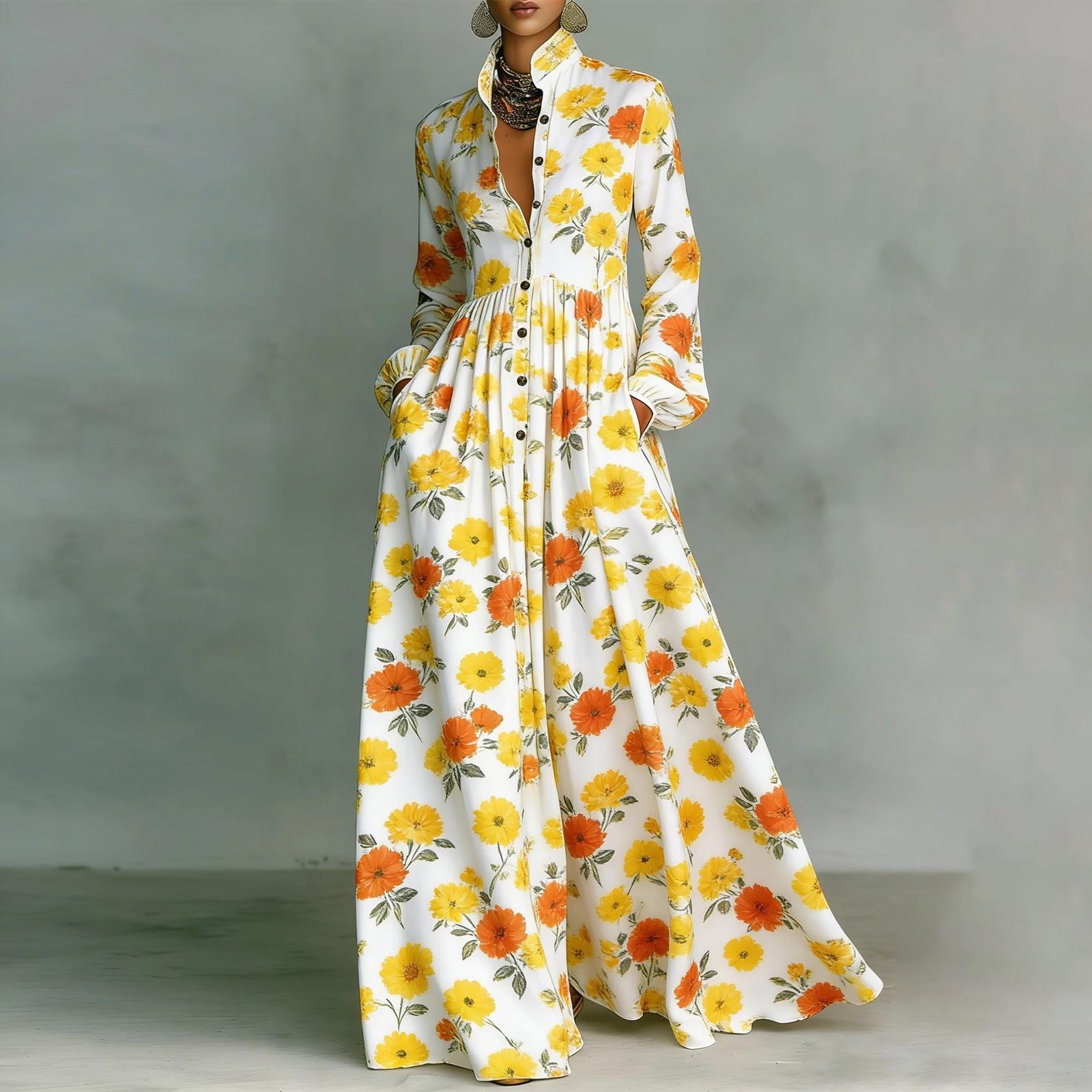 Women s Fashionable Stand Up Collar Long Sleeved Floral Print Waist Slimming Retro Casual Vacation Dress M жовтий
Women s Fashionable Stand Up Collar Long Sleeved Floral Print Waist Slimming Retro Casual Vacation Dress M жовтий