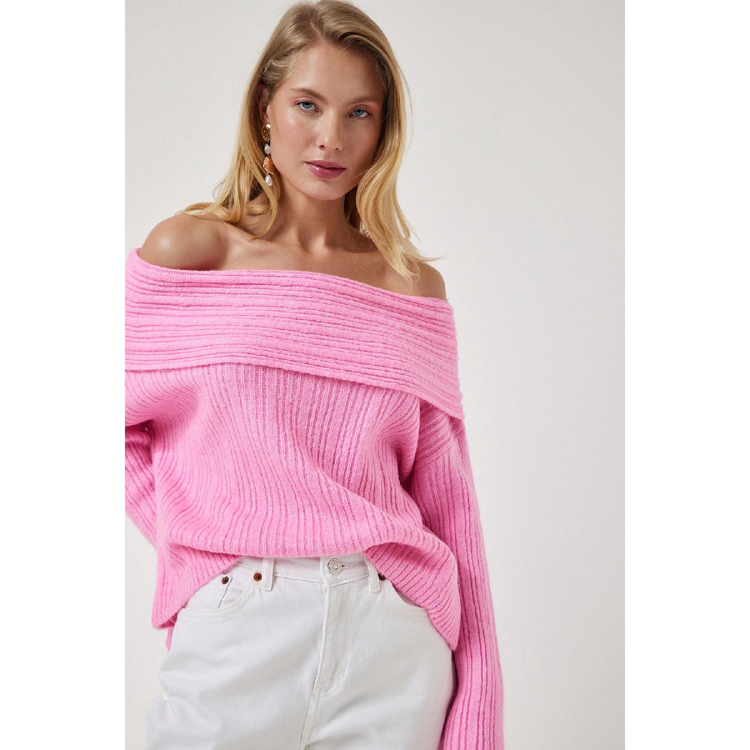 Трикотажный свитер с открытыми плечами, конфетно-розовый Lpf0005 
Трикотажный свитер с открытыми плечами, конфетно-розовый Lpf0005