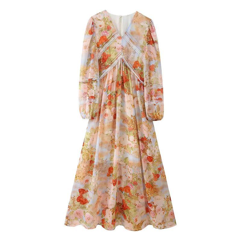 Summer New Product Women s Clothes Vacation Style V Neck Long Sleeves Lace Decoration High Waist Slim Looking A- line Waist Fitted Long Dress Flower color L
Summer New Product Women s Clothes Vacation Style V Neck Long Sleeves Lace Decoration High Waist Slim Looking A- line Waist Fitted Long Dress Flower color L