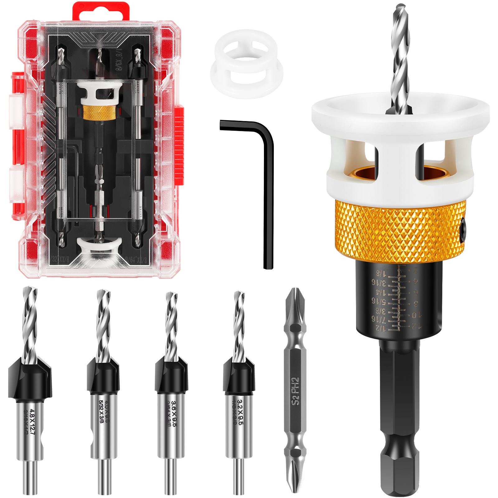 Woodworking Limit Countersink Drill Bit Set High Speed Steel Drill Bits with Depth Stop and 1/4 Shank for Wood Particle Board
Woodworking Limit Countersink Drill Bit Set High Speed Steel Drill Bits with Depth Stop and 1/4 Shank for Wood Particle Board
