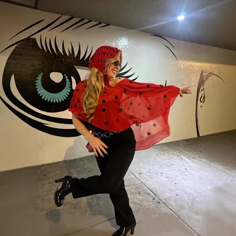 Womens Red Polka Dot Sheer Cape Top with Matching Headscarf OneSize
Womens Red Polka Dot Sheer Cape Top with Matching Headscarf OneSize