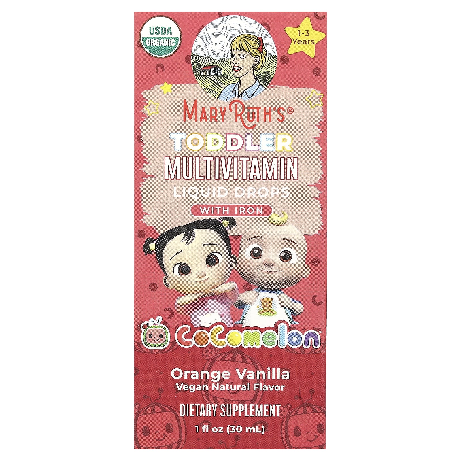 MaryRuth s, Cocomelon, полівітаміни для немовлят, рідкі краплі, із залізом, вік 1-3 роки, апельсин, ваніль, 1 рідка унція (30 мл)
MaryRuth s, Cocomelon, полівітаміни для немовлят, рідкі краплі, із залізом, вік 1-3 роки, апельсин, ваніль, 1 рідка унція (30 мл)