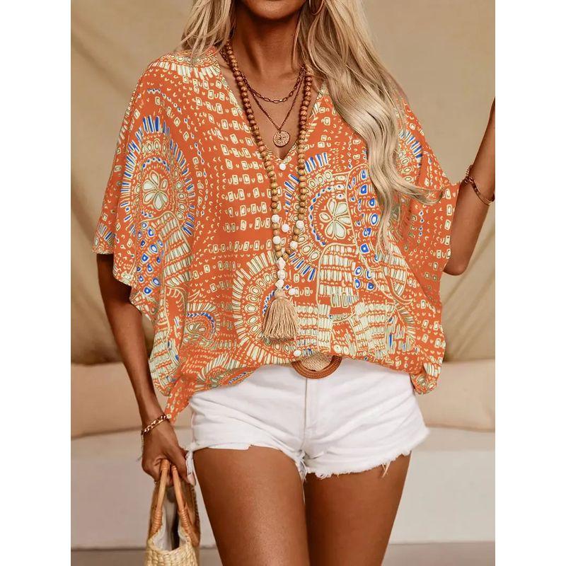 Fashion European and American Style Summer Retro Printed V-neck Pullover Loose Casual Vacation Style Half Length Batwing Sleeve Shirt Tops Orange L
Fashion European and American Style Summer Retro Printed V-neck Pullover Loose Casual Vacation Style Half Length Batwing Sleeve Shirt Tops Orange L