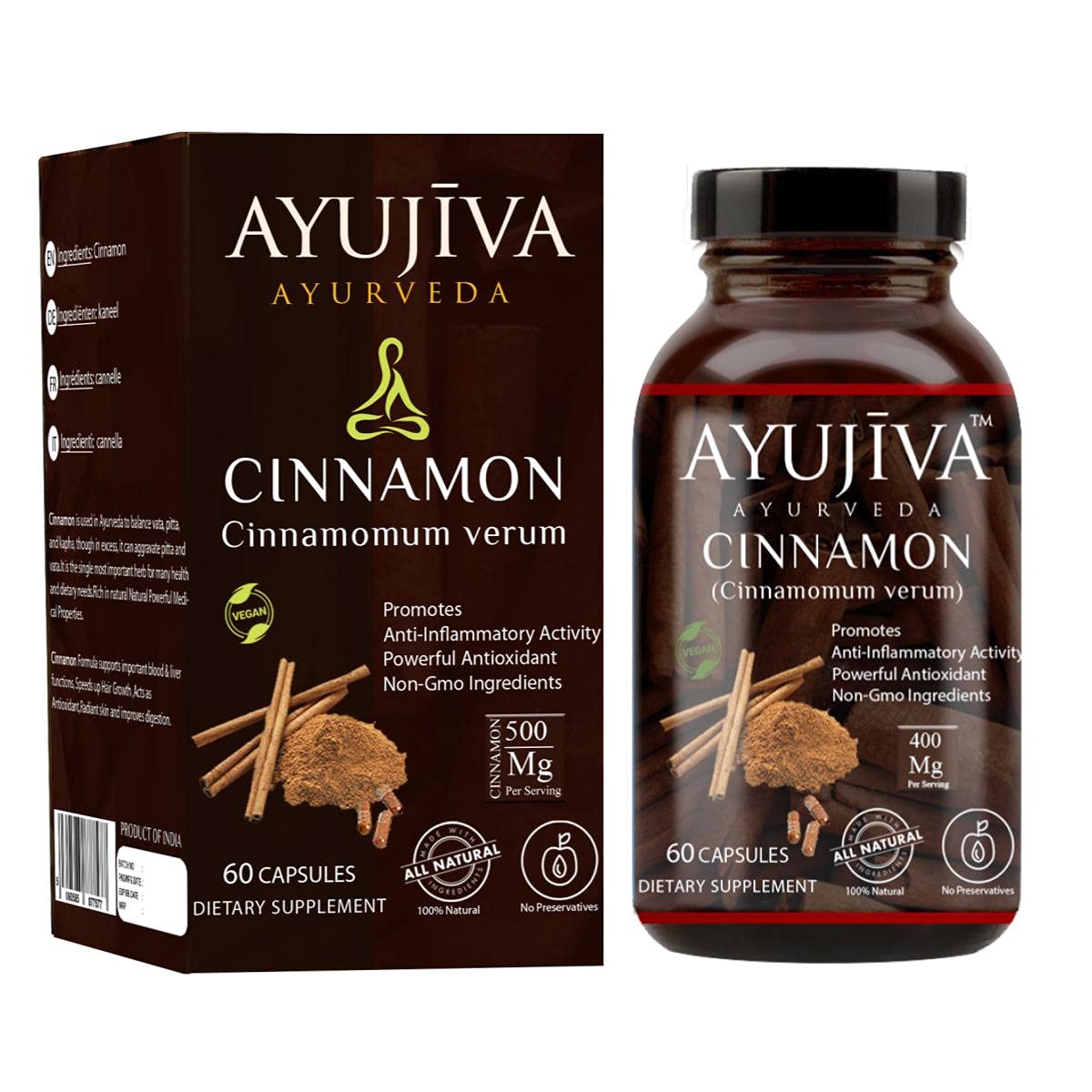 Ayujiva Cinnamon Capsules 500mg, 100% Vegan & Vegetarian Friendly | 60 Veg Capsules 100gm 0.2lbs
Ayujiva Cinnamon Capsules 500mg, 100% Vegan & Vegetarian Friendly | 60 Veg Capsules 100gm 0.2lbs