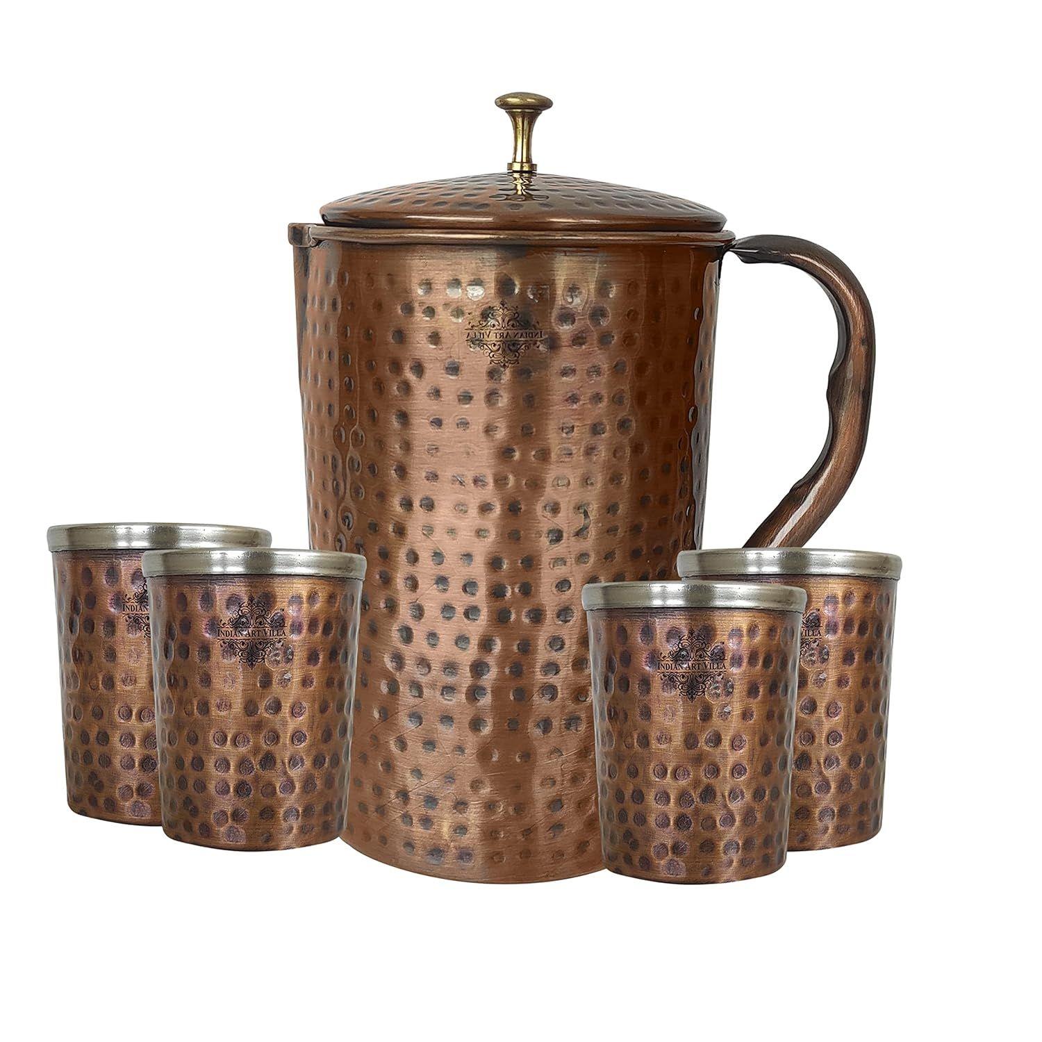 Pure Copper Drinkware Gift Set of 1 Jug & 4 Glass with Gift Box & Antique Dark Hammered Design, Gifting Item for Diwali, Jug-1.5 Litre & Glass-300 ML
Pure Copper Drinkware Gift Set of 1 Jug & 4 Glass with Gift Box & Antique Dark Hammered Design, Gifting Item for Diwali, Jug-1.5 Litre & Glass-300 ML