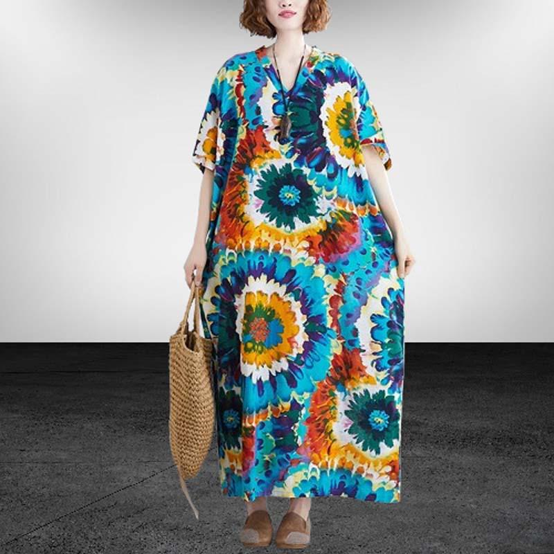 Летнее женское свободное пляжное платье-трапеция с принтом и V-образным вырезом больших размеров в простом праздничном стиле One Size