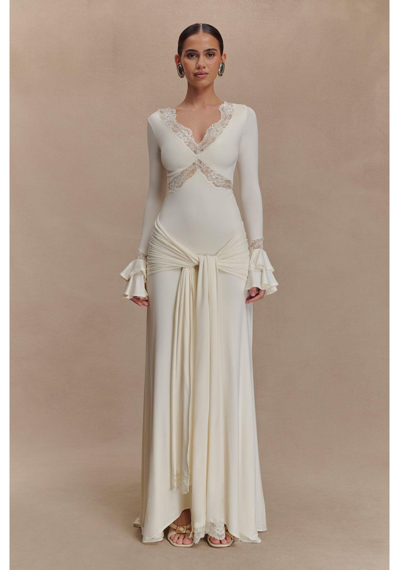 Elegant White Lace V-Neck Flare Sleeve Slim-Fit Long Dress for Women L брудно-білий
Elegant White Lace V-Neck Flare Sleeve Slim-Fit Long Dress for Women L брудно-білий