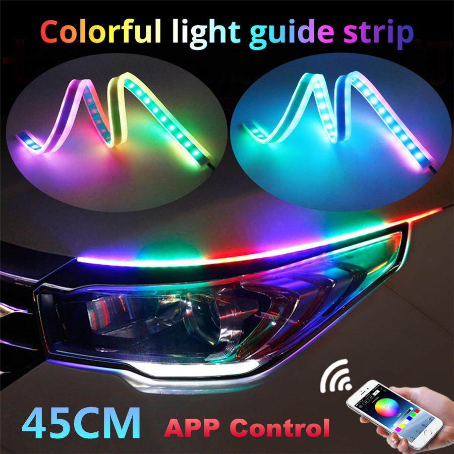 45 СМ Стайлинг автомобиля RGB Последовательная светодиодная лента ДХО Дневной ходовой свет с приложением Bluetooth Пульт дистанционного управления для сборки фары
45 СМ Стайлинг автомобиля RGB Последовательная светодиодная лента ДХО Дневной ходовой свет с приложением Bluetooth Пульт дистанционного управления для сборки фары
