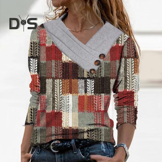 Women Spring Fall Top Flower Plaid Print Button Decor Long Sleeve V Neck Loose Pullover Casual Vintage Lady T shirt Blouse
Women Spring Fall Top Flower Plaid Print Button Decor Long Sleeve V Neck Loose Pullover Casual Vintage Lady T shirt Blouse