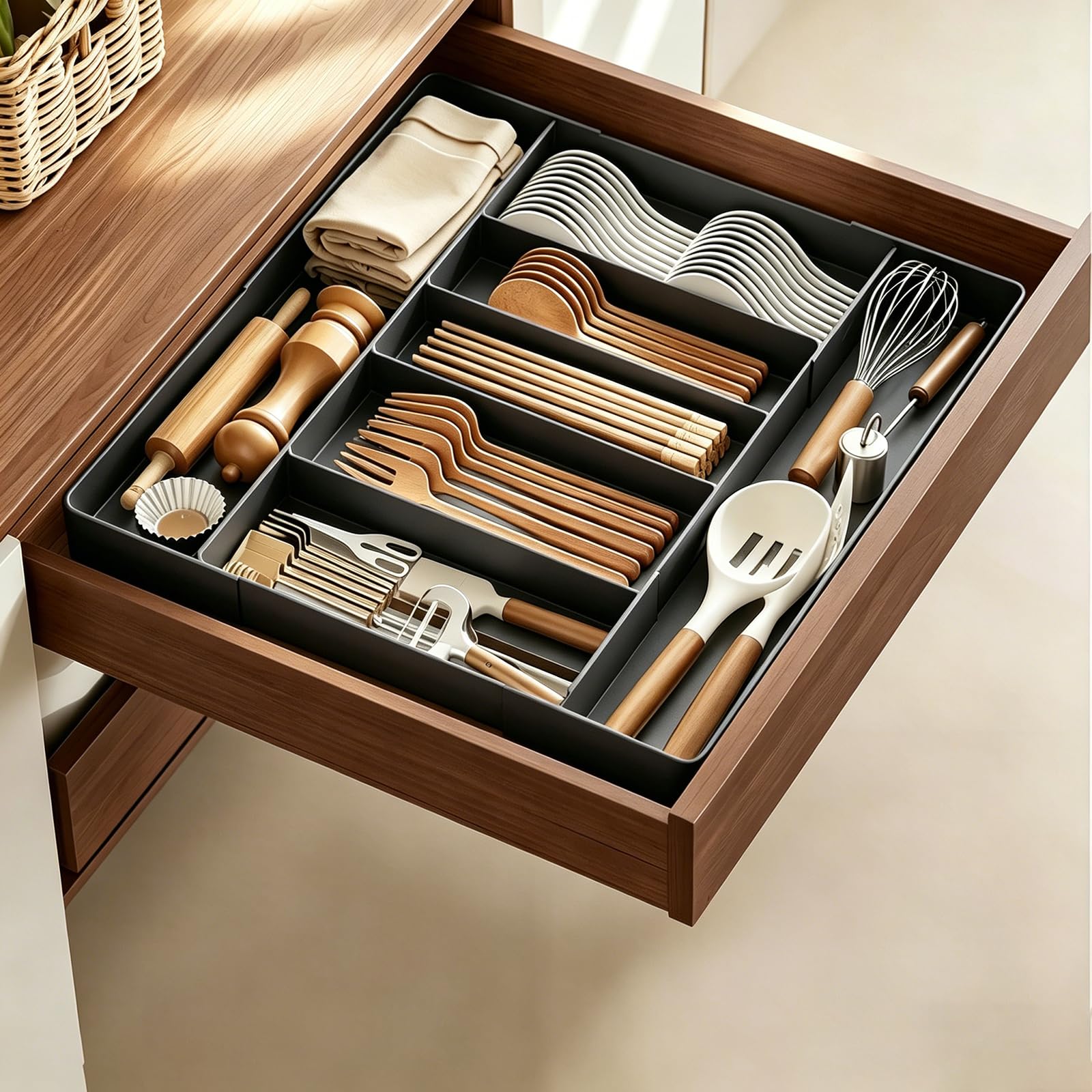 Cutlery Case, 4-Sided Expandable, Adjustable, with Drawer, Dividers, and Removable Cutlery Tray, Easy to Clean, W27-50 x D20-50 x H4.8cm (Black)
Cutlery Case, 4-Sided Expandable, Adjustable, with Drawer, Dividers, and Removable Cutlery Tray, Easy to Clean, W27-50 x D20-50 x H4.8cm (Black)