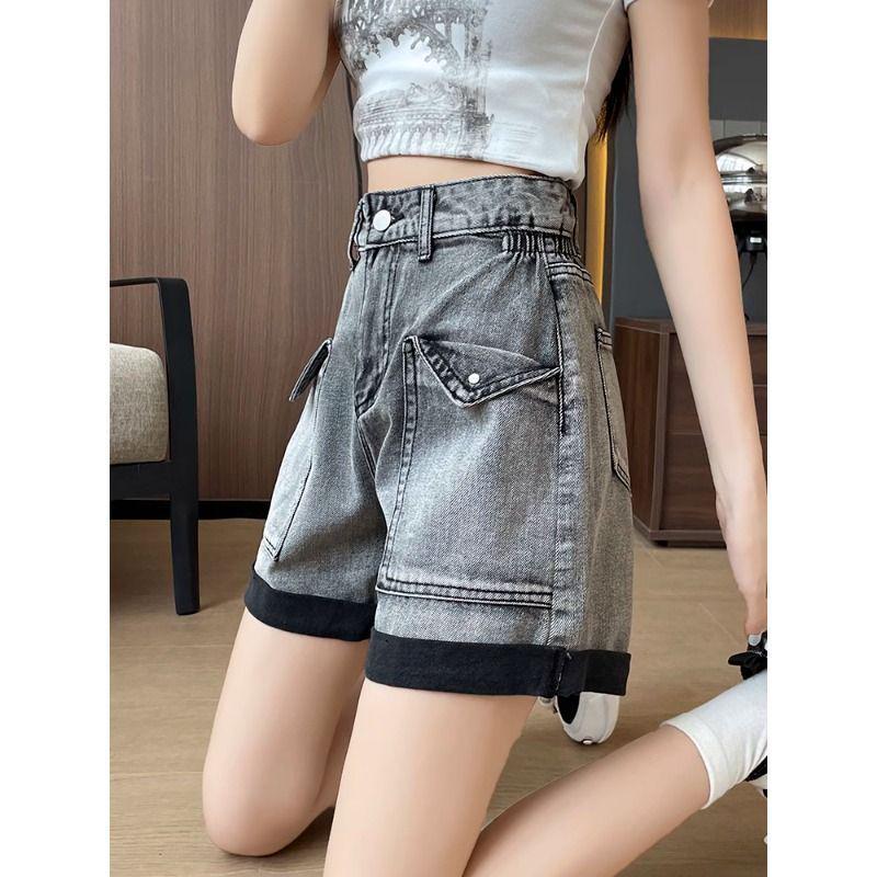 Women s Black-Grey A-Line Denim Shorts: Cuffed, Quarter-Length, Wide-Leg, Elastic Sides, Rolled Hem, Lightweight, Loose-Fit Hot Pants. S (for 85-98 jin)
Women s Black-Grey A-Line Denim Shorts: Cuffed, Quarter-Length, Wide-Leg, Elastic Sides, Rolled Hem, Lightweight, Loose-Fit Hot Pants. S (for 85-98 jin)