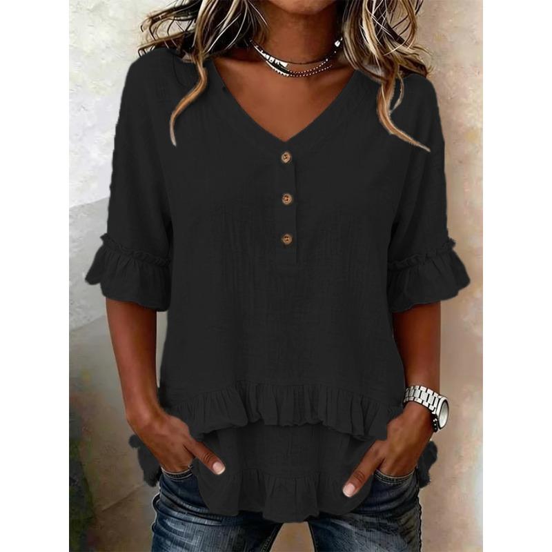 women s V Neck Button Ruffle Trim Half Sleeve Linen Blend Loose Casual Blouse Tunic Top 2XL чорний
women s V Neck Button Ruffle Trim Half Sleeve Linen Blend Loose Casual Blouse Tunic Top 2XL чорний