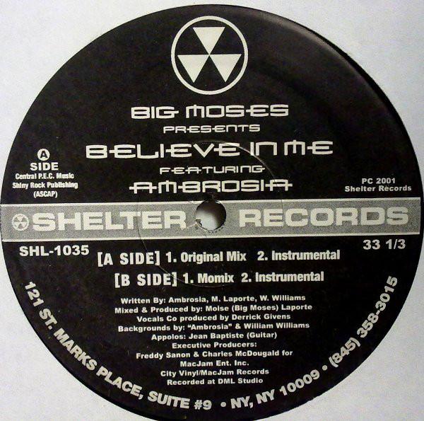 12inch Record BIG MOSES, AMBROSIA - Believe In Me SHL1035 Shelter Records 2001 US Dance & Electronica Used
12inch Record BIG MOSES, AMBROSIA - Believe In Me SHL1035 Shelter Records 2001 US Dance & Electronica Used