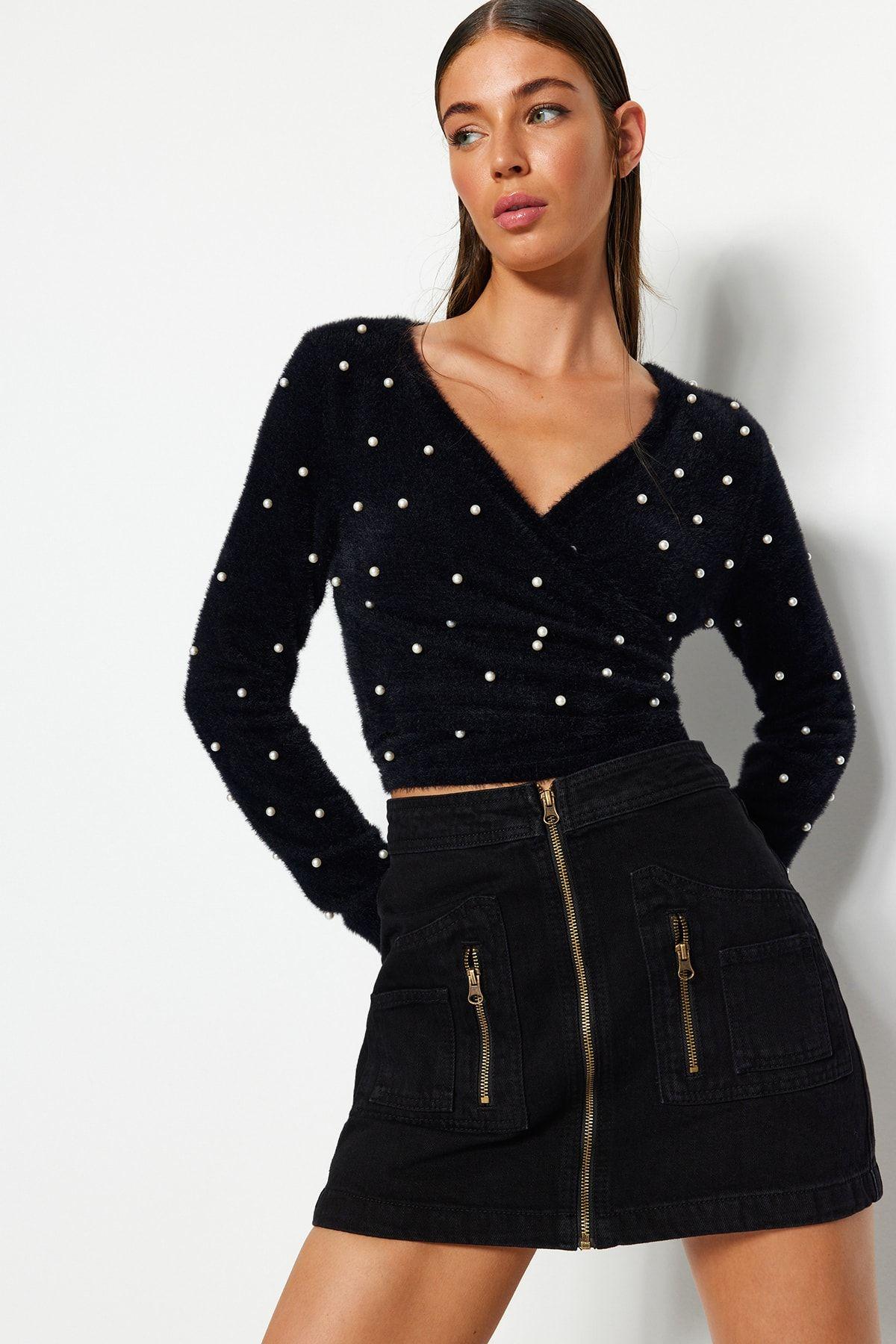 Women s Elegance Style Sweater Black Super Crop Hairy Beard Thread Pearl Detailed Knitwear Sweater M
Women s Elegance Style Sweater Black Super Crop Hairy Beard Thread Pearl Detailed Knitwear Sweater M