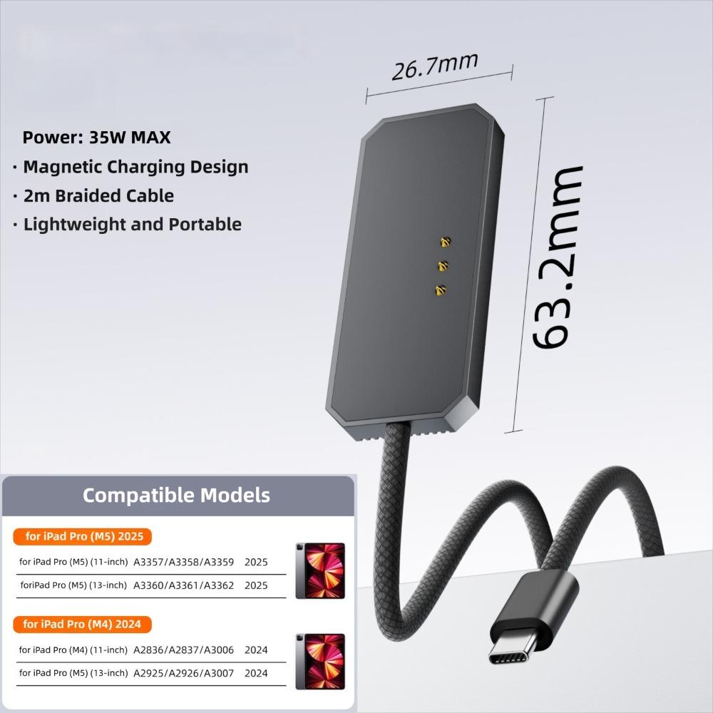 PD 35W Magnetic Charging Cable 200cm Anti Scratch Tablet Charger Line Smart Chip for iPad Pro M4/M5 11/13inch 2026/2026 сірий
PD 35W Magnetic Charging Cable 200cm Anti Scratch Tablet Charger Line Smart Chip for iPad Pro M4/M5 11/13inch 2026/2026 сірий