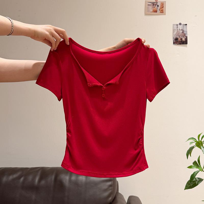 White half-open neck button-pleated design short-sleeved T-shirt women s summer 2026 new Spice Girl slim top s【 40-47.5kg 】 бордовый
White half-open neck button-pleated design short-sleeved T-shirt women s summer 2026 new Spice Girl slim top s【 40-47.5kg 】 бордовый