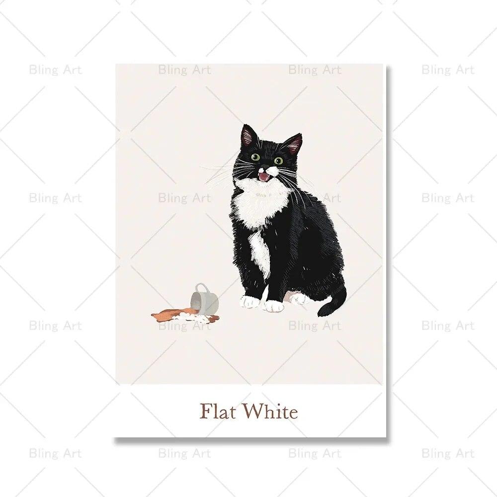 Забавный черный кот пьет кофе постер и принт Современная цитата Искусство Винтаж Холст Картина Кухня Кафе Настенные панно Домашний декор 21cm×30cm NoFrame