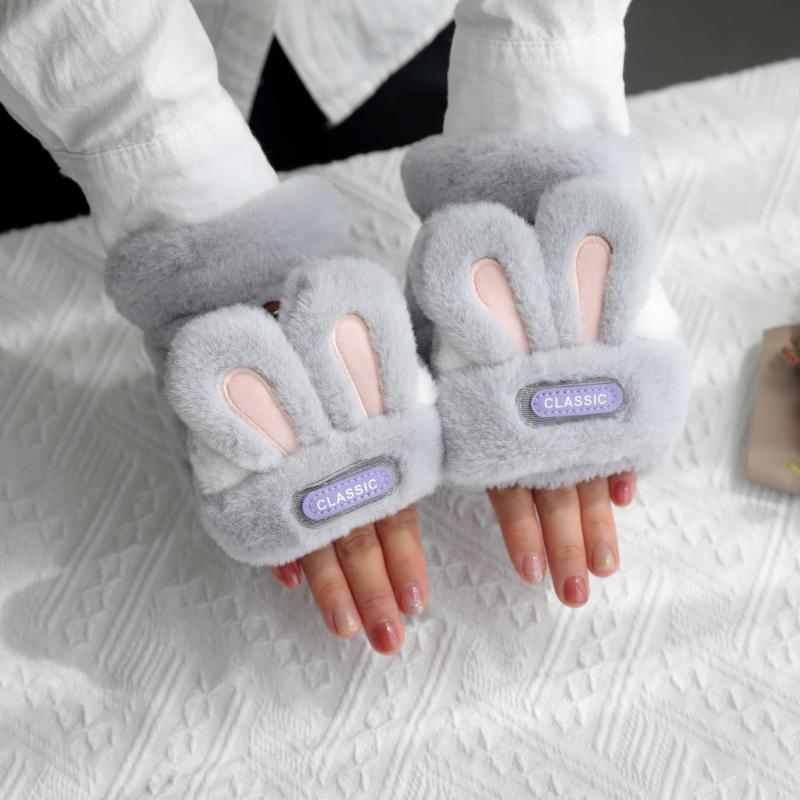 Женские зимние перчатки с милым кроликом из плюша — теплые, без пальцев, откидной дизайн для письма и езды на велосипеде One Size серый