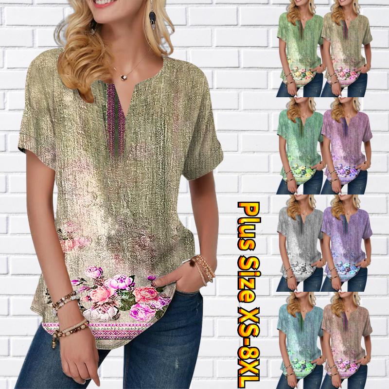 Женская летняя футболка с красивым цветочным принтом, футболки с короткими рукавами, повседневные топы, маленький v-образный вырез с короткими рукавами 
Женская летняя футболка с красивым цветочным принтом, футболки с короткими рукавами, повседневные топы, маленький v-образный вырез с короткими рукавами