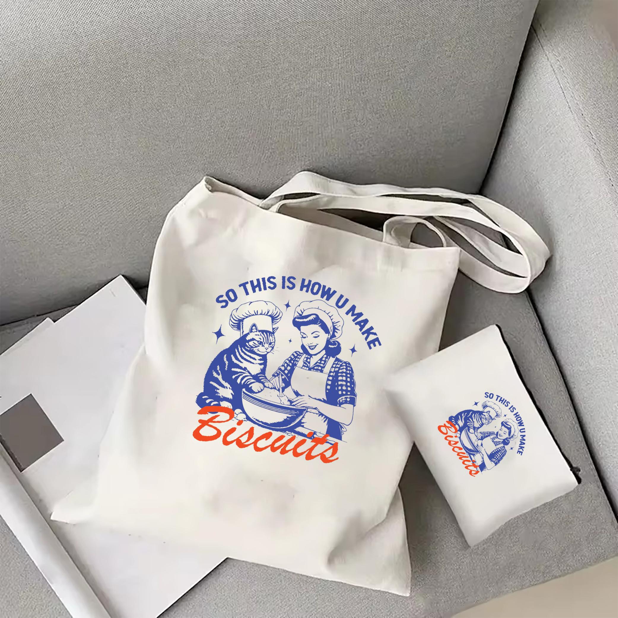 Сумка-тоут в стиле ретро с изображением кошачьего печенья Подарок для любителя кошек Сумка на плечо с принтом кошки Повседневная многоразовая сумка для покупок с изображением кошачьего печенья Мама-кошка Сумка-тоут на день рождения WHITE