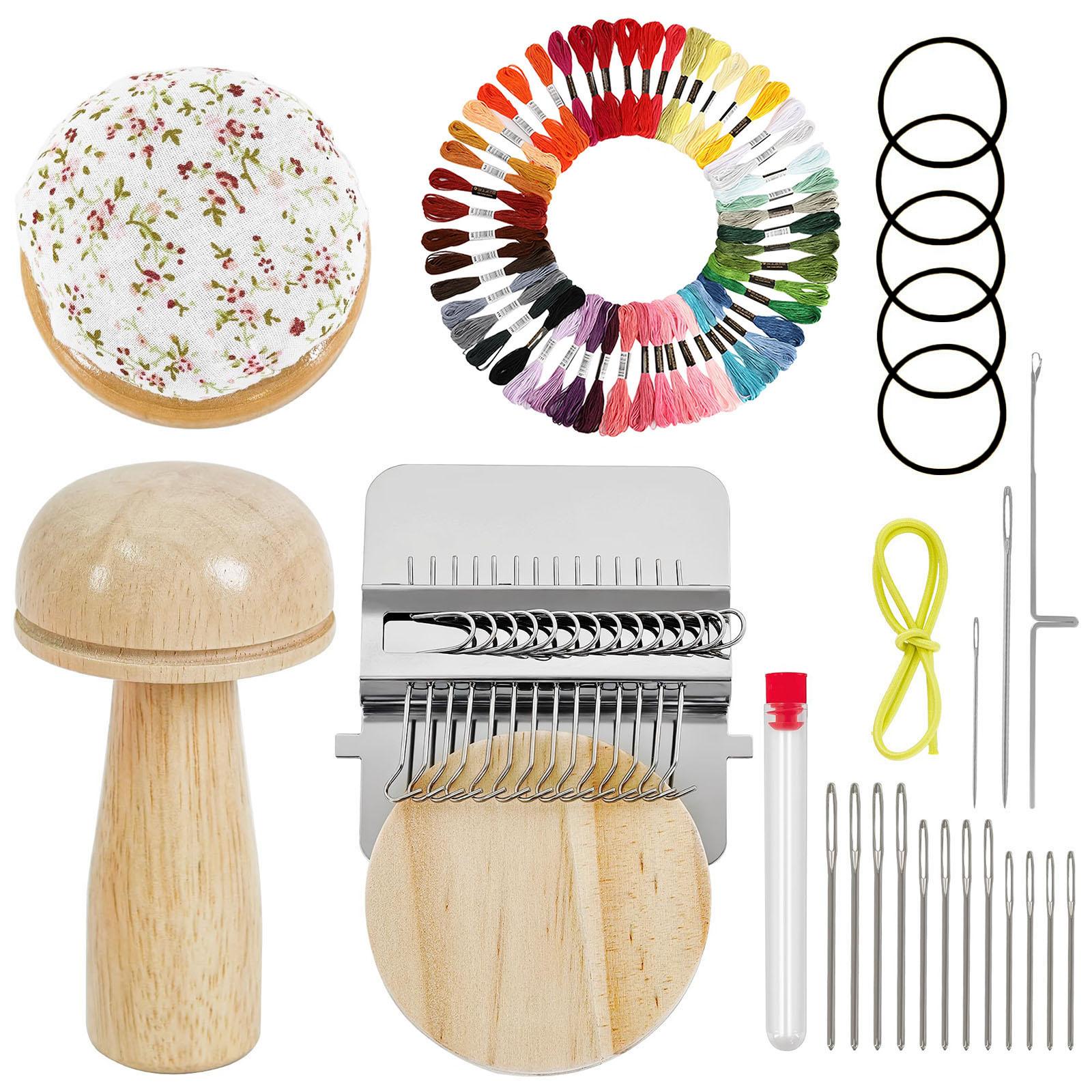 Mini Darning Loom, Mushroom Knit Patch Kit w/ 14 Hooks Hand Tapestry Wood Loom Weaving Frame 50/100 Color Thread for DIY Mending
Mini Darning Loom, Mushroom Knit Patch Kit w/ 14 Hooks Hand Tapestry Wood Loom Weaving Frame 50/100 Color Thread for DIY Mending
