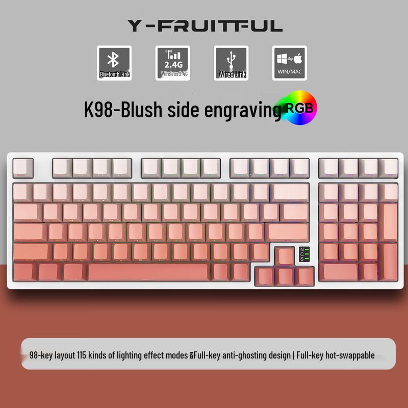 Y-FRUITFUL K98 Pro Tri-Mode Mechanical Keyboard Red Switch Hot-Swappable
Y-FRUITFUL K98 Pro Tri-Mode Mechanical Keyboard Red Switch Hot-Swappable