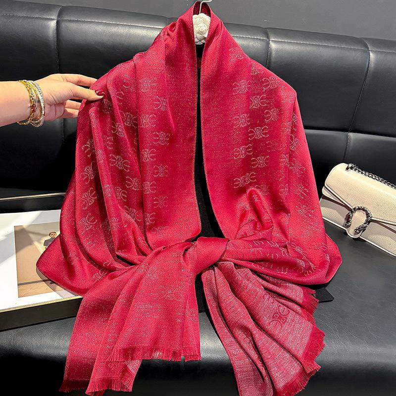 Весенне-летняя мода Имитация шелка Длинный шарф Шаль Защита от пыли Шарф Премиальный тенсел хлопок Золотой шелк Дорожное пляжное полотенце Женщины красный