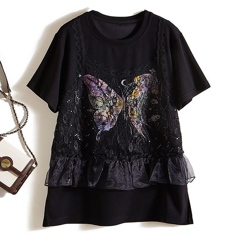Heavy Industry Design Fashionable Clothing! Big Welfare Women s Summer Air Cotton Lace Patchwork Flash Butterfly T-shirt Breathable Sweat Absorbing Black L
Heavy Industry Design Fashionable Clothing! Big Welfare Women s Summer Air Cotton Lace Patchwork Flash Butterfly T-shirt Breathable Sweat Absorbing Black L