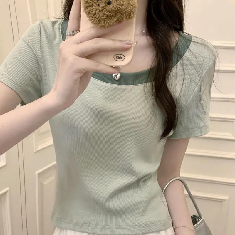 Contrast Color U-neck Front Shoulder Short-sleeved T-shirt for Women Summer New Pure Cotton T-shirt Slim Small Short Top S
Contrast Color U-neck Front Shoulder Short-sleeved T-shirt for Women Summer New Pure Cotton T-shirt Slim Small Short Top S