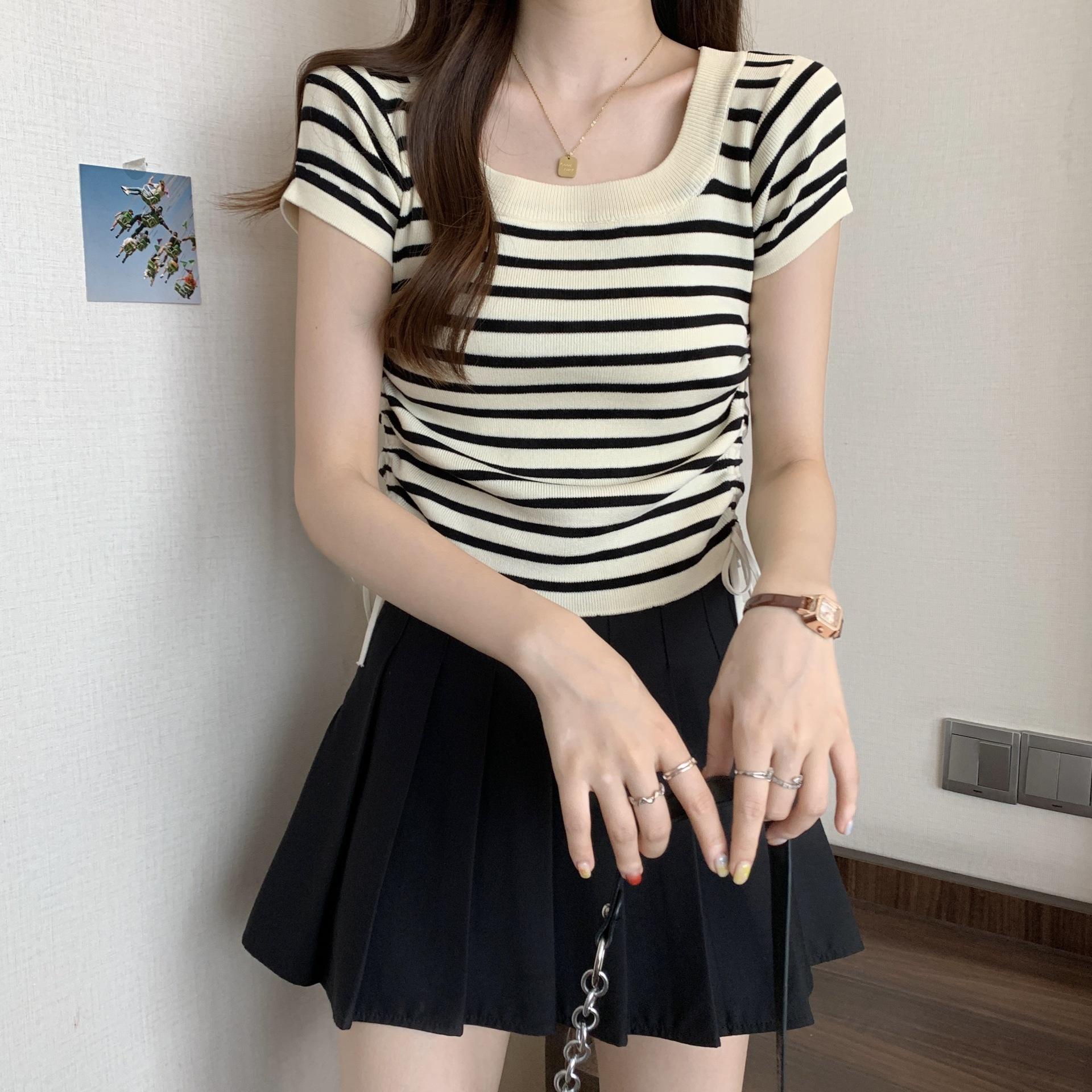 Striped knit short sleeve T-shirt women s summer loose slimming design sense short drawstring top square neck shirt One size fits all абрикосовий
Striped knit short sleeve T-shirt women s summer loose slimming design sense short drawstring top square neck shirt One size fits all абрикосовий
