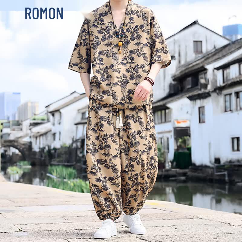 ROMON Men s New Chinese Style Linen Print Short Sleeve Set 5XL
ROMON Men s New Chinese Style Linen Print Short Sleeve Set 5XL