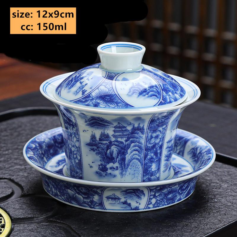 150ml Chinese Blue and White Porcelain Gaiwan Ceramic Landscape Painting Tea Maker Retro Tea Bowl with Cover Beauty Teacup
150ml Chinese Blue and White Porcelain Gaiwan Ceramic Landscape Painting Tea Maker Retro Tea Bowl with Cover Beauty Teacup