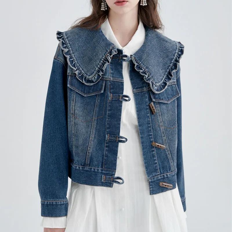 Женская джинсовая куртка с рюшами на пуговицах и рогами, короткий топ, милый повседневный однорядный однорядный пряжка из коровьего рога, весна и осень L
Женская джинсовая куртка с рюшами на пуговицах и рогами, короткий топ, милый повседневный однорядный однорядный пряжка из коровьего рога, весна и осень L