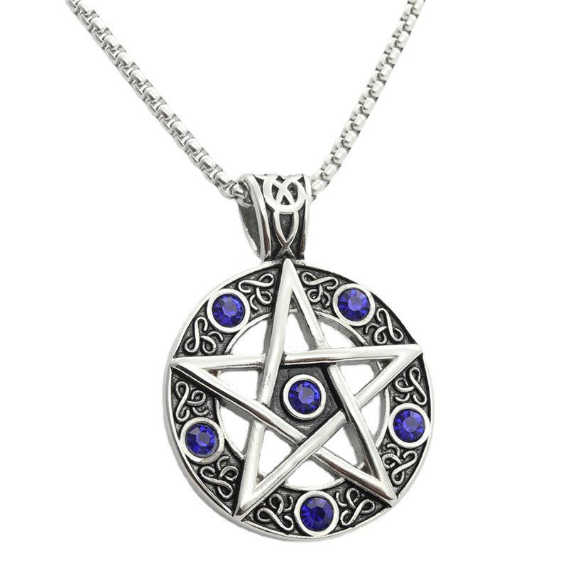 European & American Titanium Steel Pentagram Pendant with Inlaid Diamond - Punk Retro Trend, Stainless Steel Five-Pointed Star. Pendant with 3.0*60cm Square Pearl Chain синій
European & American Titanium Steel Pentagram Pendant with Inlaid Diamond - Punk Retro Trend, Stainless Steel Five-Pointed Star. Pendant with 3.0*60cm Square Pearl Chain синій