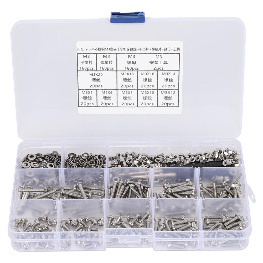 662PCS DIY Combination Set M3 Pan Head Cross Machine Screw+Flat Elastic Washer+Nut
662PCS DIY Combination Set M3 Pan Head Cross Machine Screw+Flat Elastic Washer+Nut