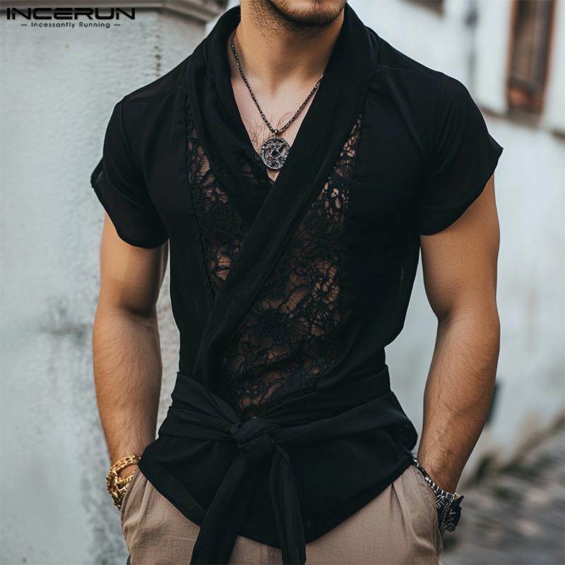 INCERUN Men Lapel V Neck Lace Patchwork Front Cross Bandage Casual Tops T-shirts 5XL чорний
INCERUN Men Lapel V Neck Lace Patchwork Front Cross Bandage Casual Tops T-shirts 5XL чорний