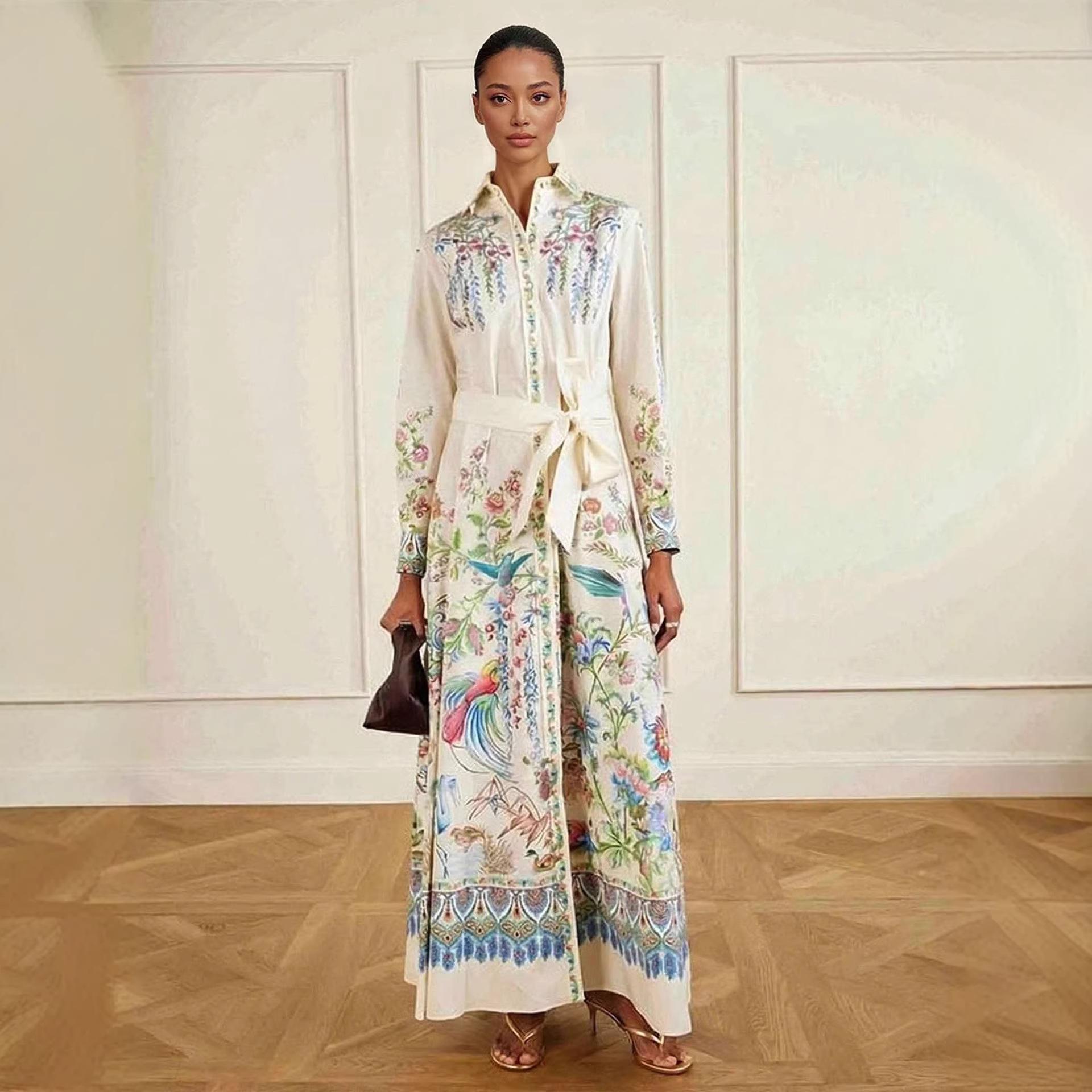 French Retro Floral Lapel Long-sleeved Lace-up Waist Holiday Wind Flower and Bird Pattern Temperament Thin Dress S
French Retro Floral Lapel Long-sleeved Lace-up Waist Holiday Wind Flower and Bird Pattern Temperament Thin Dress S