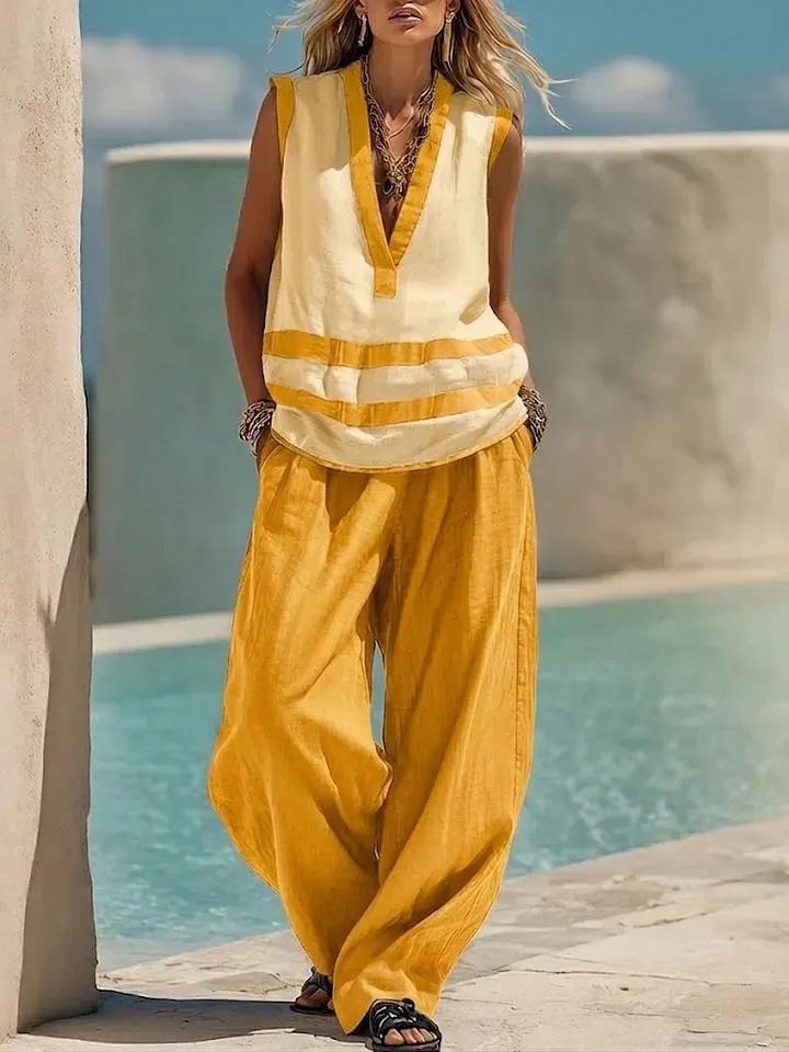 **2026 European-American V-neck Sleeveless Vest & Wide-leg Pants Casual Two-piece Set for Women** L жёлтый
**2026 European-American V-neck Sleeveless Vest & Wide-leg Pants Casual Two-piece Set for Women** L жёлтый