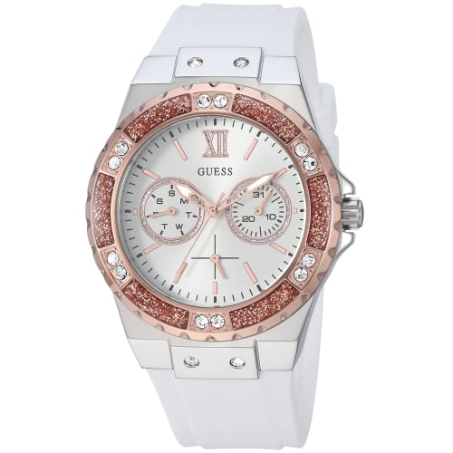 GUESS Women s Stainless Steel + Stain Resistant Silicone Watch with Day + Date Functions (White/Silver/Rose Gold)
GUESS Women s Stainless Steel + Stain Resistant Silicone Watch with Day + Date Functions (White/Silver/Rose Gold)
